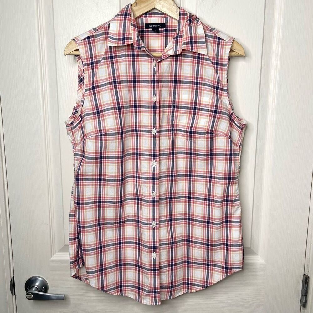 Lands’ End Plaid Sleeveless Button Down Collared Shirt - 8